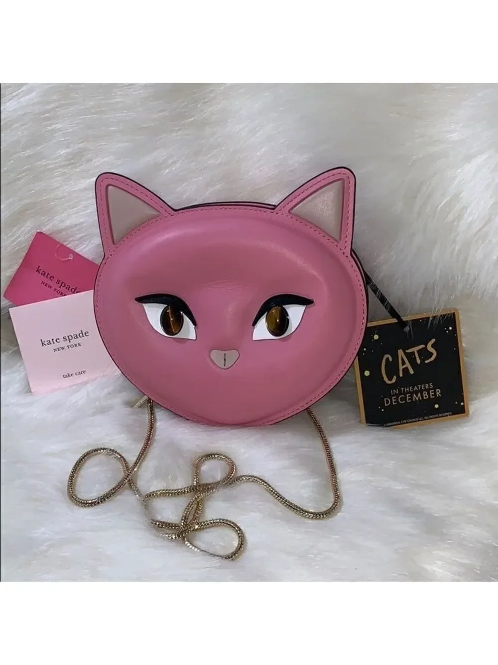 KATE SPADE PINK CAT CROSSBODY BAG MEOW NOVELTY PURSE LEATHER GOLD CHAIN